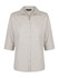 A light grey ladies' 3/4 sleeve button-up shirt with a collared neckline and a logo on the front.