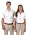 A white short sleeve button-up shirt for men, featuring a pocket and a classic collar.