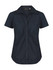A button-up shirt in navy blue with short sleeves and two front pockets, featuring a subtle logo.