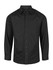 A black long sleeve button-up shirt with two chest pockets and a logo on one sleeve.
