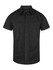 Black short sleeve button-up shirt featuring a structured design and two front pockets. Includes a logo.