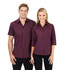 A dark burgundy button-up shirt in short sleeves for men, paired with a similar style for women. Both feature a logo.