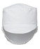 A white chef's hat with a mesh back for ventilation and a curved brim, featuring a logo.