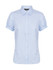 A short sleeve button-up shirt in light blue with a check pattern and a logo on the collar.