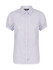 A ladies' short sleeve button-up shirt in a light purple check pattern, featuring a classic collar and gathered sleeves.