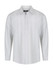 A long sleeve button-up shirt in a light grey and white striped pattern featuring a collar and front buttons.