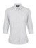 A grey and white striped ladies' 3/4 sleeve button-up shirt, featuring a collar and a logo.