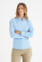 A blue checked long sleeve button-up shirt for ladies, featuring a collar and fitted design. It has a logo.
