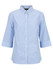 A blue and white checked button-up shirt with 3/4 sleeves and a collar. It features a logo.