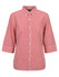 A red and white checkered 3/4 sleeve button-up shirt with a collar and a logo.