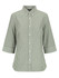 A green and white check-patterned ladies' 3/4 sleeve button-up shirt with a collar, featuring branding.