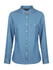 A light blue ladies long sleeve button-up shirt featuring a collar and a chest pocket. Includes a logo.