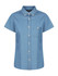 A blue short-sleeve button-up shirt with a pocket on the chest and a collar. Features a logo.