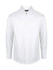 A white long sleeve button-up shirt with a collar and buttons down the front, featuring a logo on the label.