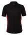 A black polo shirt with red side accents and a logo on the chest.