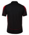 A black polo shirt with red accents and a logo on the back.