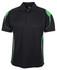 A black polo shirt with green accents and a logo on the front.