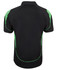 A black polo shirt with green accents and a logo on the back.