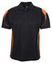 A black polo shirt with orange accents and a logo on the chest. Features a classic collar and button placket.