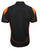 A black polo shirt with orange accents, featuring a collar and short sleeves. It has a logo on the back.