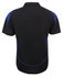 A black polo shirt with blue accents at the shoulders and a branded logo on the back.