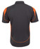 A dark grey polo shirt with orange accents and a logo on the back.