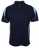 A navy blue polo shirt with light blue accents and a logo on the chest.