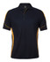 A navy polo shirt with yellow side panels and a collar. Features a logo on the front.