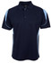 A navy blue polo shirt featuring light blue accents and a logo. It has a classic collar and short sleeves.