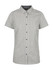 A ladies short sleeve button-up shirt featuring a check pattern in navy and white. It has a collar and front buttons.