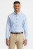 A light blue men's long sleeve button-up shirt with a pocket and a logo on the chest, paired with beige trousers.