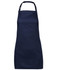 A navy blue apron with a simple design and an adjustable neck strap, featuring a branding logo.
