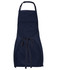 A navy blue workwear apron featuring a central pocket and waist ties, with an adjustable neck strap and a logo.