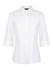 A white ladies' button-up shirt with 3/4 sleeves, featuring a collar and a logo.