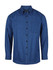 A blue and black checked long sleeve button-up shirt featuring a collar and button placket.
