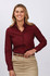 A ladies' long sleeve button-up shirt in red and black check pattern, featuring a fitted design and logo.