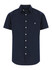 A navy men's short sleeve button-up shirt featuring a single chest pocket and a logo.