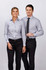 A ladies' long sleeve button-up shirt in light blue, featuring a tailored fit, alongside a matching men's shirt.