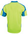 A short-sleeved polo shirt in bright lime green with blue arm panels and a logo.