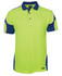 A high-visibility polo shirt in bright green and navy blue, featuring a pocket and a logo.