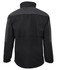 A rain jacket in black and charcoal with a simple design and a logo on the back.