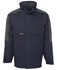 A black and charcoal rain jacket featuring a high collar and elasticised cuffs, with a logo on the front.