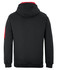 A black hoodie with a red hood and a side pocket, featuring a logo on the sleeve.