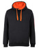 A black hoodie with an orange inner lining and drawstrings, featuring a front pocket and a logo on the sleeve.