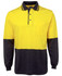 A long-sleeve cotton polo shirt featuring yellow and navy panels, with a pocket and a logo.
