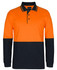 A long-sleeve work polo shirt in vibrant orange and navy blue, featuring a pocket and a logo on the sleeve.