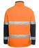 An orange and navy softshell work jacket featuring reflective stripes and a logo.