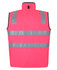A pink safety vest featuring reflective stripes and a high collar. Includes a logo on the back.