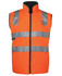A high-visibility orange vest featuring reflective stripes and a zip closure, suitable for safety wear.