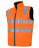 An orange reflective safety vest with grey stripes and a zip front design, featuring a collar and no sleeves.